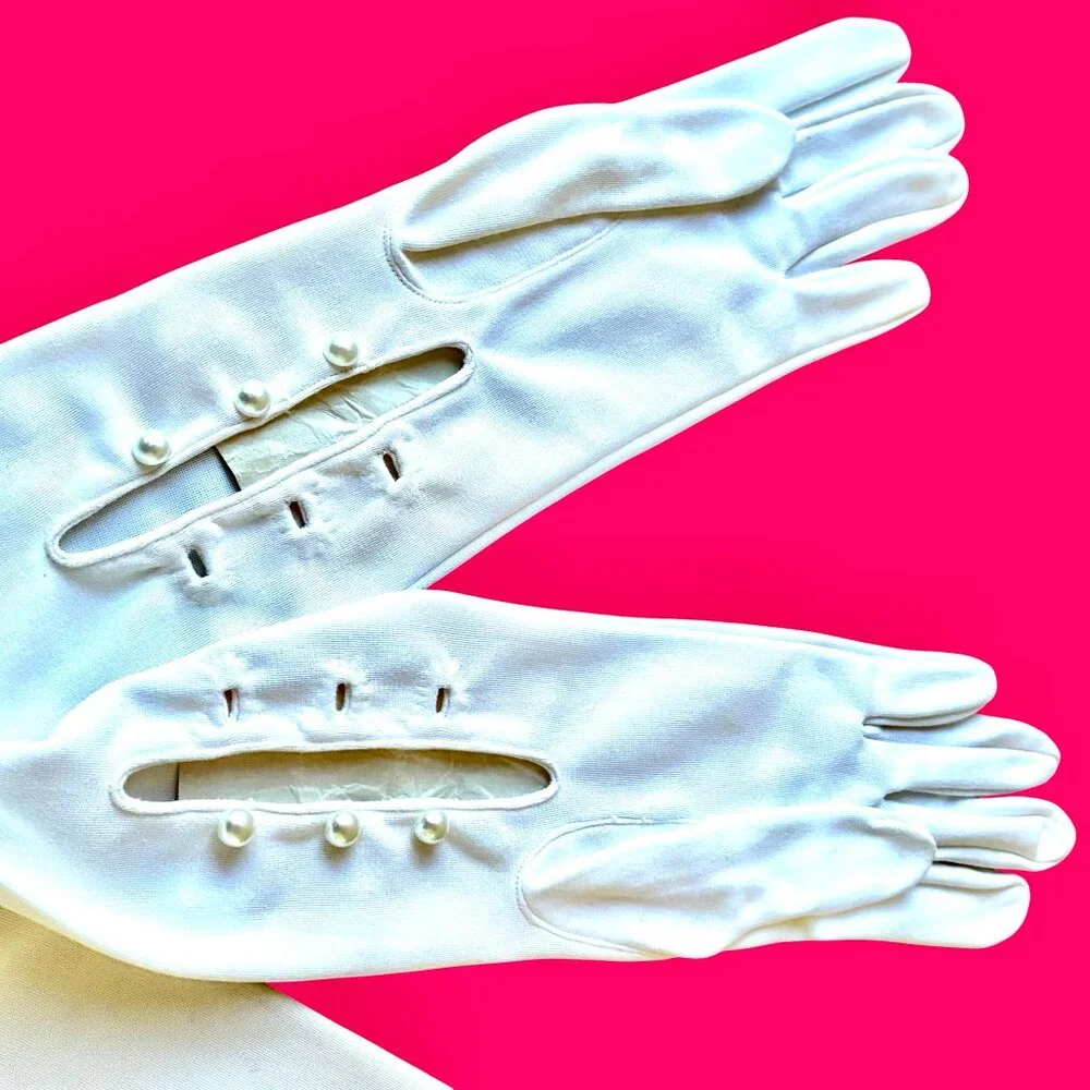 SEARS Vintage Opera Gloves White Nylon Stretch Long Formal Buttons Size A New